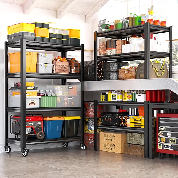 REIBII Rolling Storage Shelves Adjustable Shelf for Kitchen Office | 2080 LBS capacity,59.8" H x 31.5" W x 16.5" D,4 Tier,Black,Solid metal panels，360°wheels with lock,Boltless 10min assembly