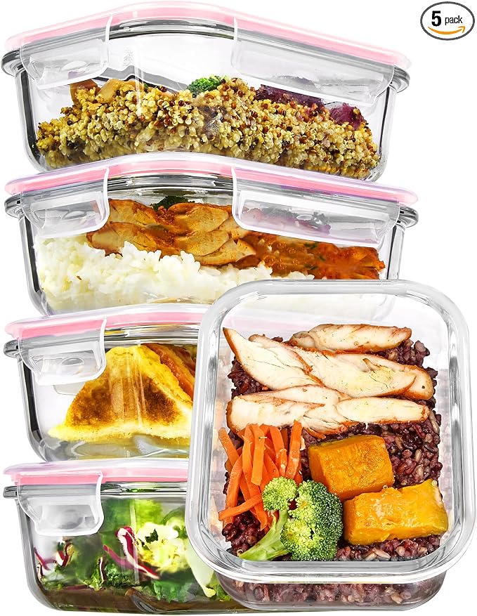 Vtopmart 5Pack 22oz Glass Storage Containers with Lids, Glass Meal Prep Food Container Sets with Snap Airtight Lid for Microwave, Oven, Freezer and Dishwasher, Pink