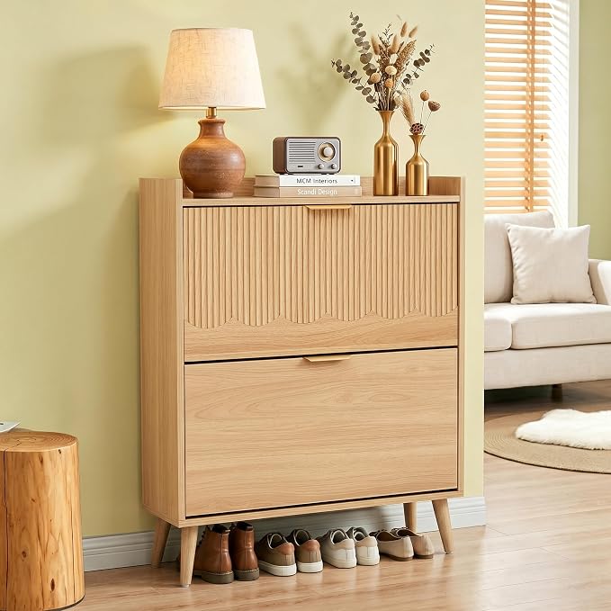 BERRYMERRY 30" Narrow Shoe Storage Cabinet with 2 Flip Drawers and Wave Fluted Design for Hallway Entryway Living Room Foyer (Fluted Natural 2 Drawer)