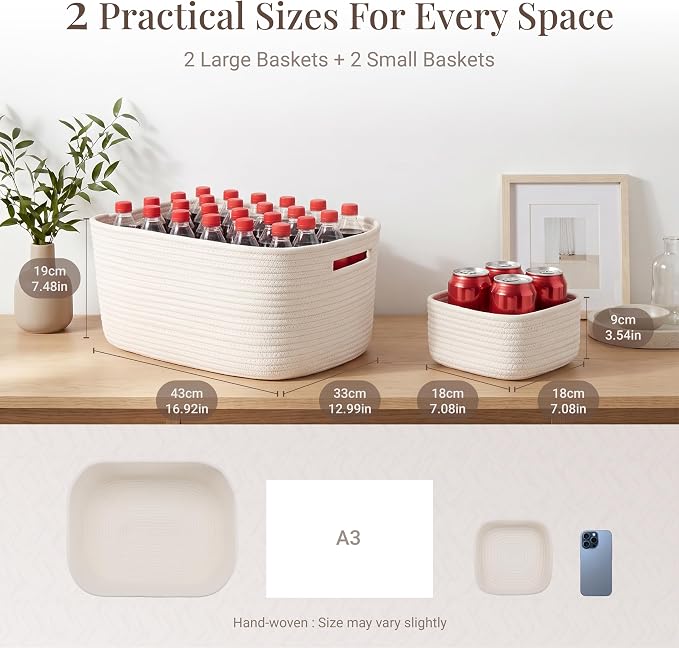 4-Pack Large Woven Rope Storage Baskets, 2 Sizes Organizer Bins | Fabric Cube Boxes and Rectangular Shallow Bins for Closet, Shelf, Bookshelf, Nursery, Changing Table, Bathroom, Toys & Home