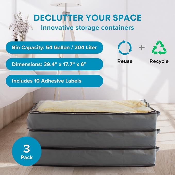 NeatNestly SmartCube Under Bed Storage Bags, 3 Pack Gray, 39" x 18" x 6" | Large Containers with Reinforced Handles, Foldable Underbed Storage Organizer for Clothing, Blankets & Shoes