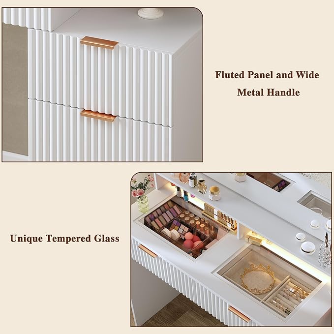 HUAHUU Fluted Vanity Desk with Mirror and Lights, Makeup Vanity Desk with Glass Top, Nightstand & Fluted Panel Design, 5 Drawers, 3 Colors Lighting Adjustable Brightness, Power Outlet, White