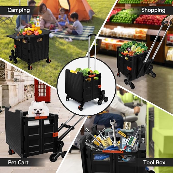 Foldable Utility Cart Portable Crate Rolling Dolly with Telescopic Handle,Can be Pulled diagonally, Magnetic Retractable Lid, 360°Swivel Climbing Wheels for Shopping Carrying Groceries Move Black