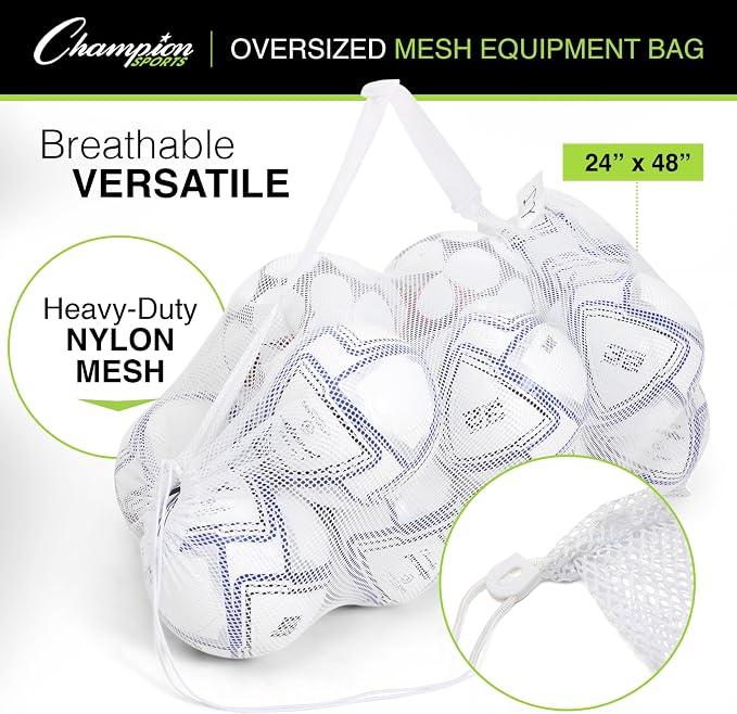 Champion Sports Mesh Equipment Bag – Heavy-Duty Nylon Drawstring Bag with Lock & ID Tag, Breathable Storage Sack for Balls, Swim Gear, Laundry & Toys, Multiple Sizes & Colors
