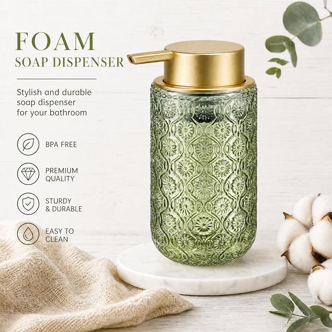 Green and Gold Glass Foaming Hand Soap Dispenser | Matte Gold Pump Embossed Glass Bottle Refillable Bathroom Kitchen Decor 13.5 oz