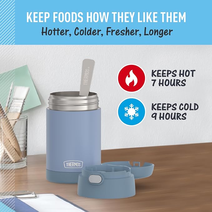 THERMOS FUNTAINER Insulated Food Jar, 16 Ounce, Kid Friendly Food Jar with Foldable Spoon, Denim Blue (Pack of 6)