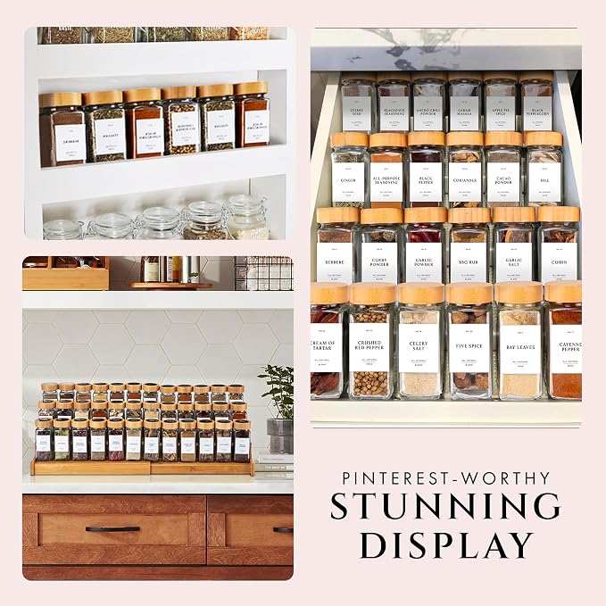 FINESSY Glass Spice Jars with Label with Bamboo Lids 36 Pack Set, 4oz Empty Clear Glass Spice Bottles with Shaker Lids, Airtight Kitchen Seasoning Organizer Jars, Herb Seasoning Containers with Labels