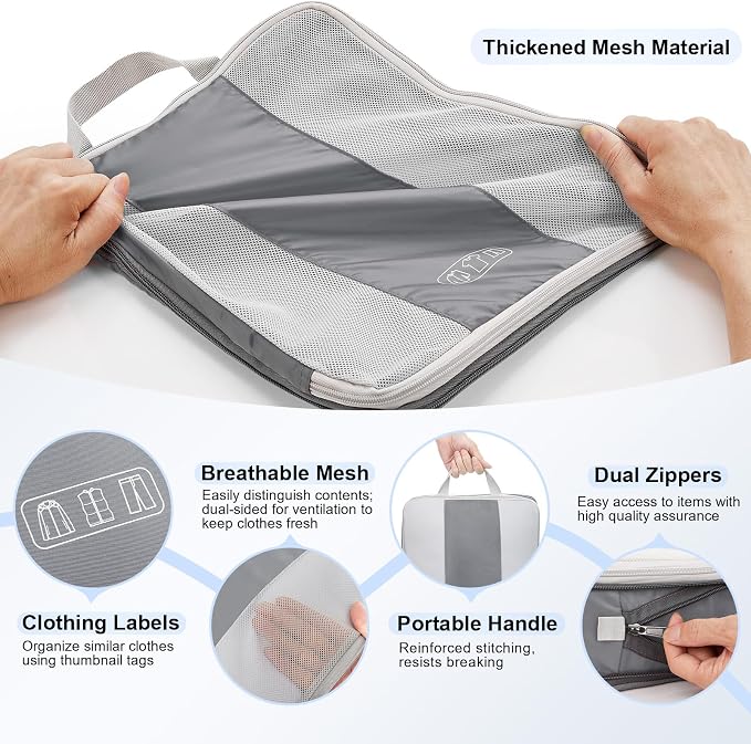 OlarHike 10 Set Compression Packing Cubes for Travel Essentials,Compressible Expandable Space Saver Bags for Organizing Clothes,Luggage Suitcase Garment Bags with Over 1000 pcs Mesh Holes(Gray)
