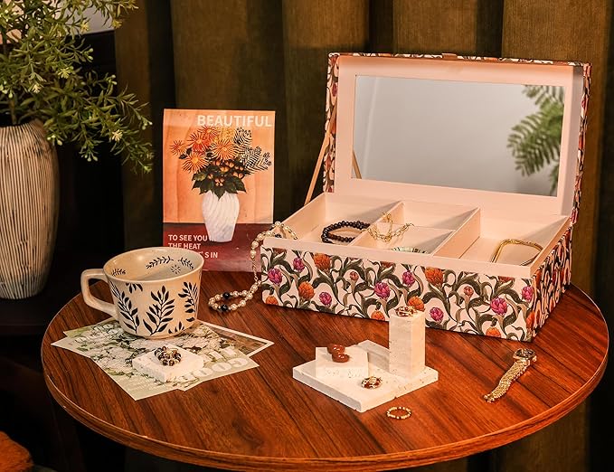 Decorative Storage Box with Mirror Lid, Vintage Botanical Floral, Beige Interior Compartments, Home Decor, Table Decor, Shelf Organizer, Travelling Box