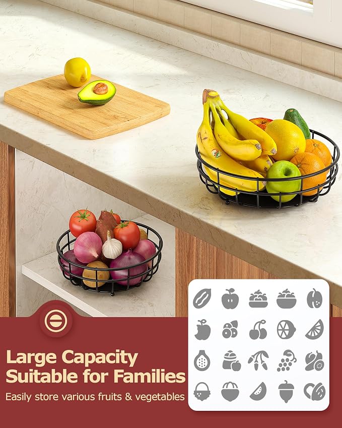 Sevenblue 2 Tier Modern Fruit Basket for Kitchen, Black, Extra Large | Space-Saving Vertical Storage for Veggies, Bread, Snacks, Fits Under Cabinets, includes 2 banana hooks and protective mats