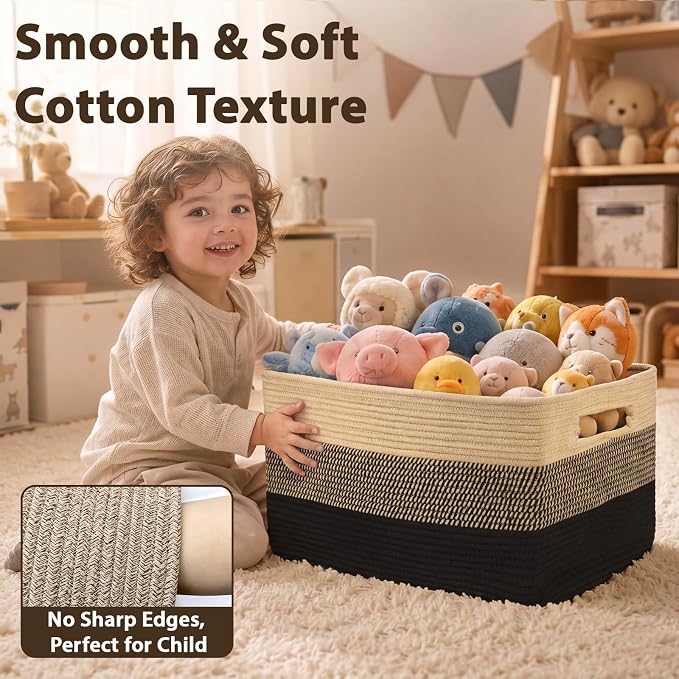 Optish 95L Large Blanket Basket, Woven Storage Baskets with Reinforced Handles, Rope Laundry Basket for Living Room, Bedroom, Nursery, Toys, Clothes,Pillows, 24” x 17” x 13.5”, Black & Brown