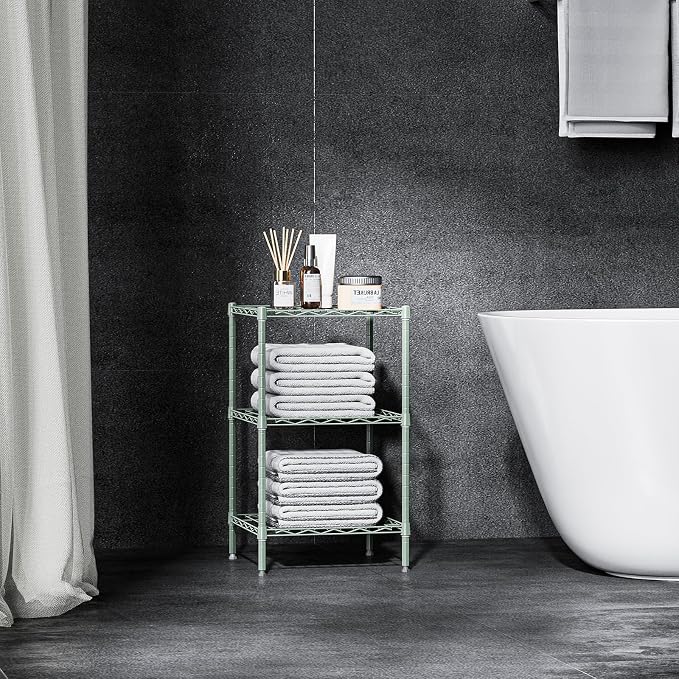 M MZG 750 lbs 3-Shelf Storage Shelves Wire Shelving Unit Standing Metal Rack for Small Places Narrow Wire Rack for Bathroom, Green 13.8 D x 13.8" W x 25.5" H