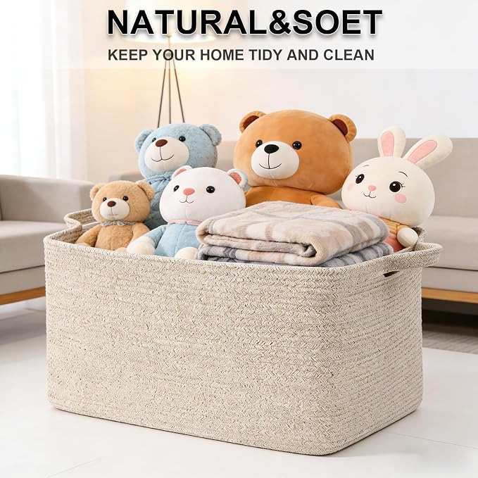 65L Collapsible Woven Rope Laundry Basket with Handles,Brown | 21x16x12 Foldable Rectangular Blanket Basket for Toys, Clothes & Pillows,Ideal for Nursery, Bathroom, Bedroom, Living Room