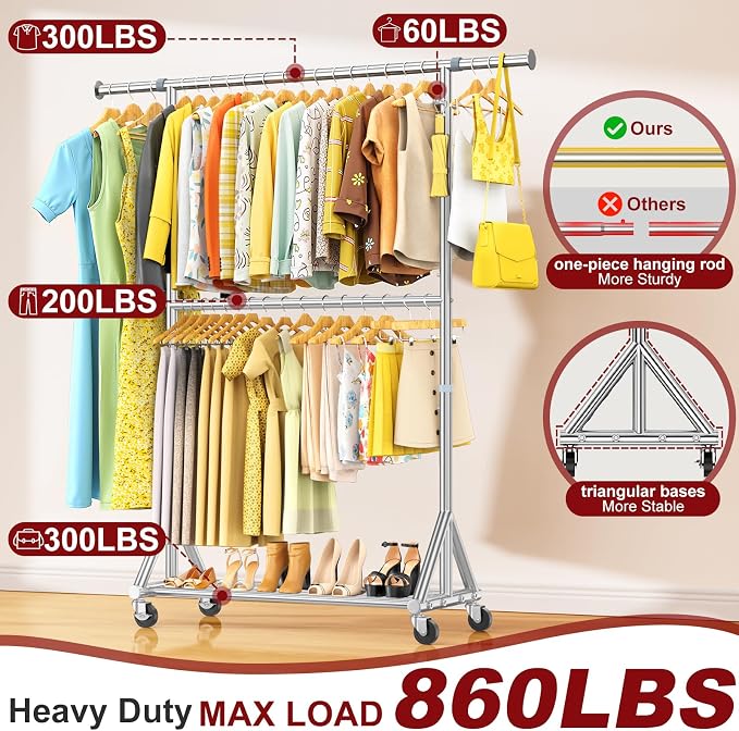 Steel Heavy Duty Tall Clothes Rack Load 860LBS, 73-81"H x 17"D x 42-63"W, Adjustable Two Tier Clothing Rack for Hanging Clothes, Rolling Garment Rack With Sturdy Wheels, Commercial Closet Coat Rack