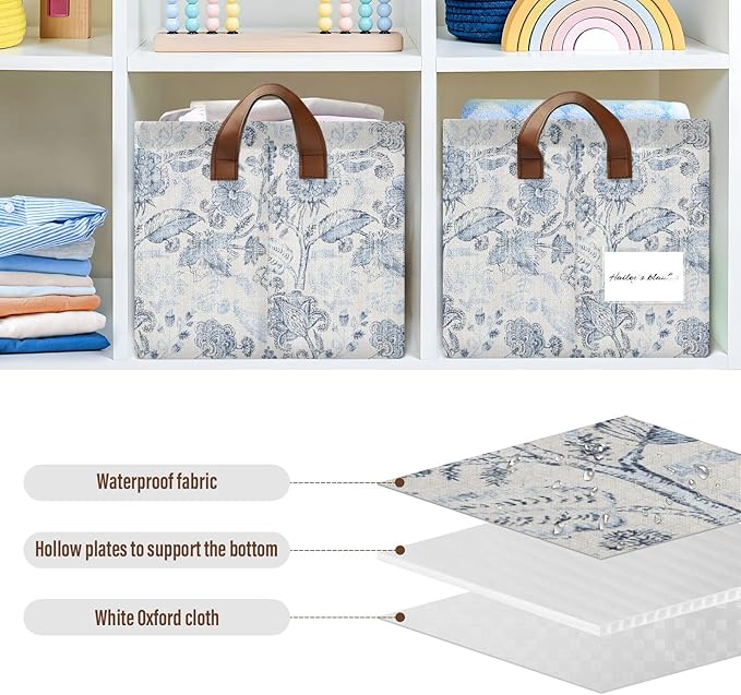 Vintage Blue Floral Rustic Retro Ethnic Storage Bins for Shelves with Labels&Handles Fabric Organizer Bin Foldable Rectangle Storage Basket Boxes for Closet, Bathroom, Home, Living Room
