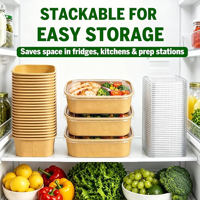 50-Pack 25 oz Disposable Meal Prep Containers with Lids and Forks, Compostable Kraft Paper Bowls To Go, Microwave & Freezer Safe Food Containers for Hot Soup, Cold Dessert, Takeout