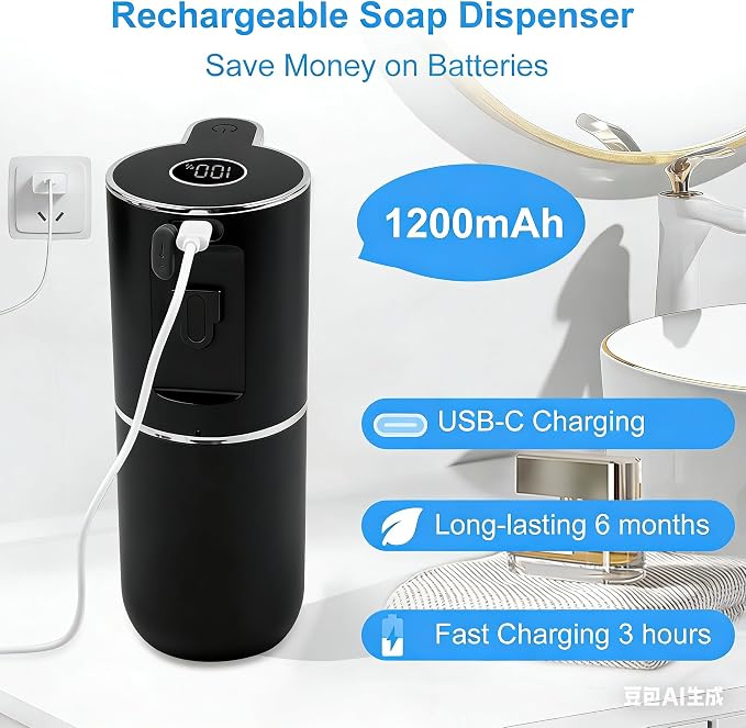 Automatic Soap Dispenser,6-Level Foaming Hand Soap Dispenser,Touchless Dish Soap Dispenser for Kitchen Bathroom,Ipx5 Waterproof,1200mah Rechargeable,12.8oz/380ml,Wall Mount & Countertop