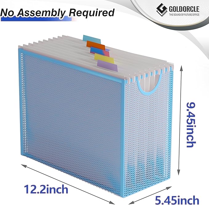 Hanging File Organizer, Letter-Size File Holder Filing Box with 5 Hanging Folders, Metal Mesh Desk File Folder Storage(No Assembly Required) (Blue, with 5 Grey Folders)