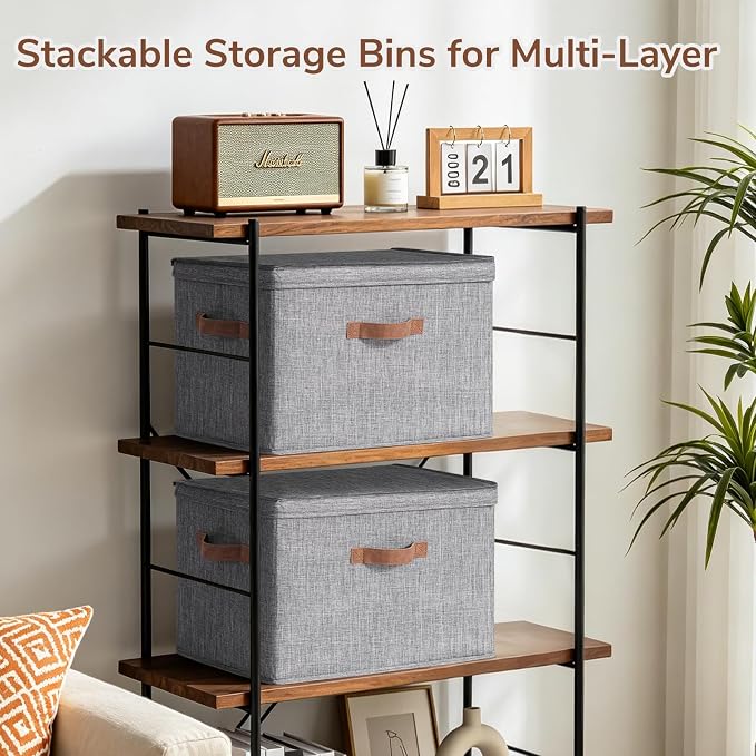 CHICVITA 4-Pack Large Storage Bins with Lids, Fabric Storage Boxes for Organizing, Decorative Storage Boxes with Handles for Clothes Toy, Grey