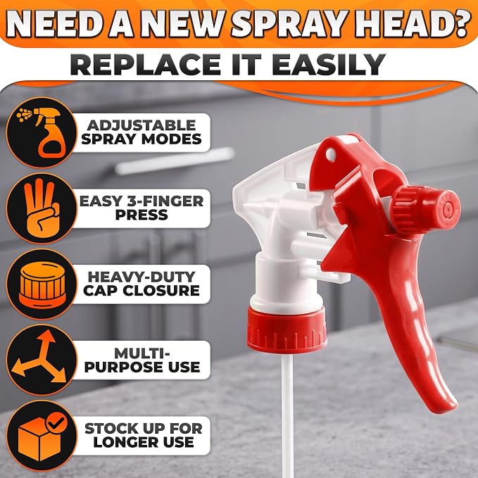 Spray Bottle Nozzle Replacement 12 Pack, Fits 8-32oz Bottles (Red) | Replacement Trigger Sprayer Heads for Bottles; Fits 28-400 Thread, Trim-to-Fit Tube; for Cleaning, Garden & Pet Carefor