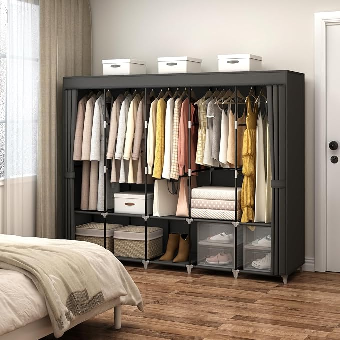 83" Portable Wardrobe Closet for Hanging Clothes, 5 Rods 10 Shelves Cover | 5 Hanging Rods 10 Storage Shelves Fabric Cover