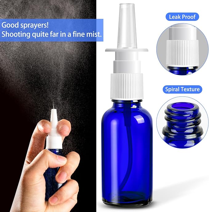 80 Pcs Nasal Spray Bottle Empty, Blue Glass Refillable Fine Mist Nasal Spray Bottles with 16 Funnels and 16 Labels (30ML/1oz)
