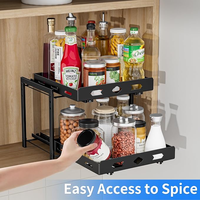 Pull Out Spice Rack Organizer for Cabinet, 2 Tier Cabinet Spice Rack Organizer, Height Adjustable Vertical Spice Rack for Cabinet, Kitchen, Pantry, Cupboard (11.9''Wx10.8''Dx9.2''H, Metal Black)