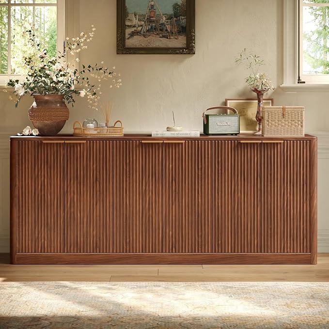 Evermagin 67" Fluted Walnut Buffet Cabinet with Storage | Mid-Century Modern Wood Sideboard, Large Credenza With 6 Doors for Kitchen or Living Room, 67"W x 31.5"H x 15.7"D