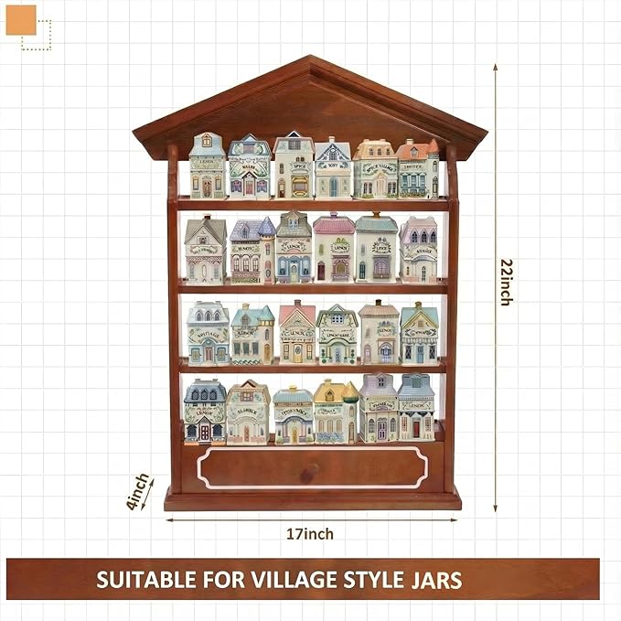 Chunful Vintage Spice Jar Wooden Rack with 4 Tier Hanging Spice Rack Wall Mounting Kitchen Storage Village Style Display Shelf for 24 Jar, Christmas Wedding Bridal Gift, Shelf Only(Classic)