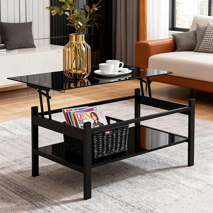 Meihua Lift Top Glass Coffee Table with Storage Compartment and Separated Open Shelves, Lift Tabletop for Living Room Home, Office, Black