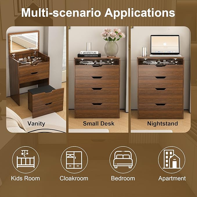 3 in 1 Vanity Desk with Mirror and Lights,23.6" Walnut Small Make Up Vanity Set with Visible Glass Desktop,Compact Makeup Vanity with 3 Drawers & Stool, Flip Top Makeup Dressing Table for Bedroom