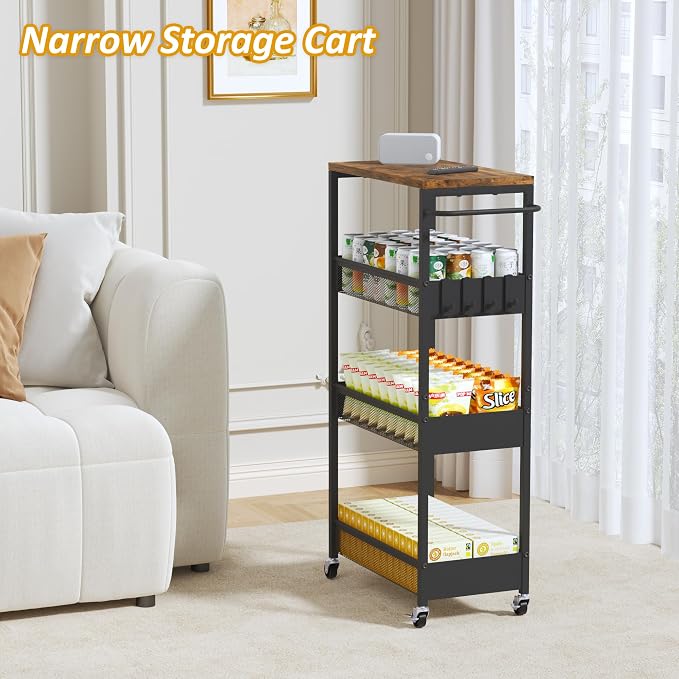 Vincona 9.1" Wide Slim Rolling Utility Cart, 4 Tier Metal Narrow Storage Cart with Handle and Wood Top, Multifunctional Small Mobile Shelf Unit Organizer Trolley for Laundry, Bathroom, Kitchen