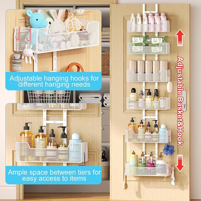 Hongtamoya Over The Door Organizer, Metal Hanging Door Organizer with 6 Adjustable Baskets and 5 Hooks, Behind The Door Storage for Closet Cabinet Kitchen Bathroom Bedroom Pantry Door Organizer, White