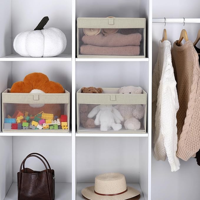 WUIKE Closet Storage Bins with Clear Window, Fabric Organizer Baskets with Handles, Foldable Linen Closet Organizers and Storage for Shelves, Line Beige, Large, 3 Pack