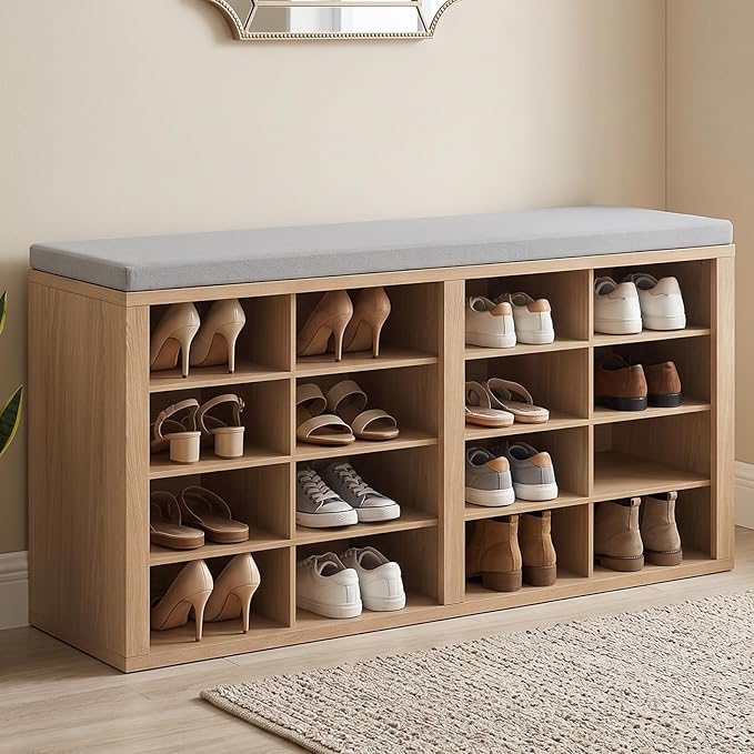 Shoe Rack Bench, Shoe Storage Bench with Cushion, Shoe Organizer 16 Cubbies for Entryway Hallway Bedroom Living Room, Holds Up to 400lbs