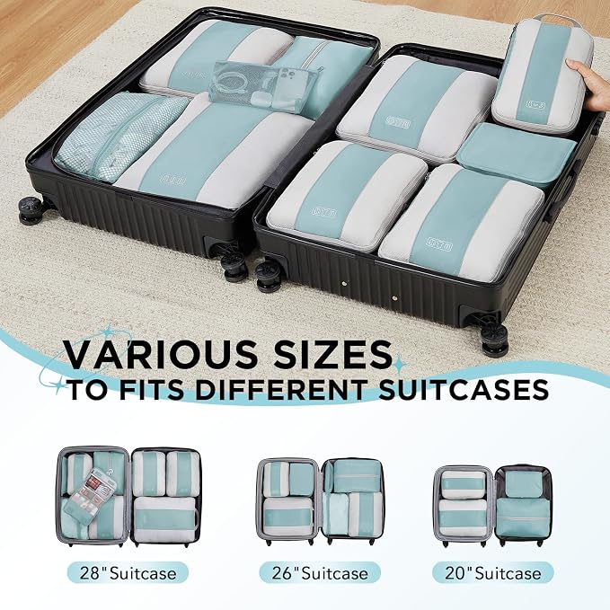 OlarHike 10 Set Compression Packing Cubes for Travel Essentials,Compressible Expandable Space Saver Bags for Organizing Clothes,Luggage Suitcase Garment Bags with Over 1000 pcs Mesh Holes(Blue Gray)