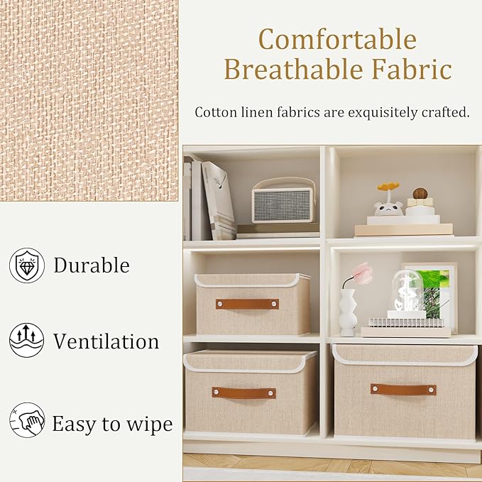 OUTBROS Large Fabric Storage Box with Lid, Collapsible Wardrobe Organiser, Linen Cubes For Towels, Clothes, 13 x 9.1 x 7.9 inch (Beige, 3-Pack)