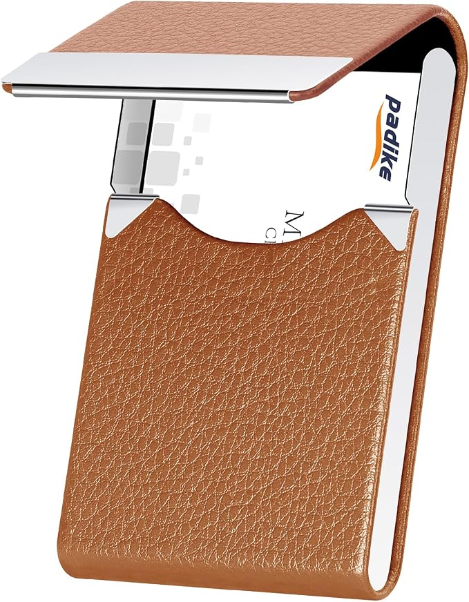 Padike Leather Business Card Holder Metal Business Card Case Slim Professional Name Card Holder with Magnetic Shut (Apricot)