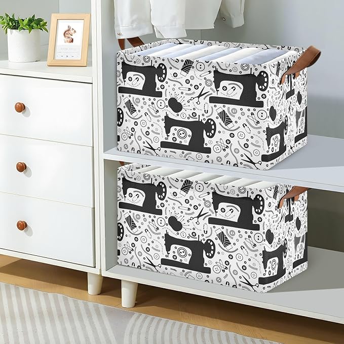 Black White Sewing Tools Printed Storage Basket Foldable Cube Storage Bins with Handles&Label Collapsible Organizer Box Bin Large Rectangle Decorative Baskets for Shelves Home Living Room Closet, 2 PC