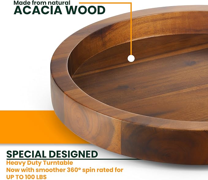 TIDITA 13" Acacia Wood Lazy Susan Organizer for Cabinet - Round Lazy Susans Turntable for Countertop - Wooden Kitchen Rotating Storage Food Bin Container for Centerpiece Table, Spices, Pantry