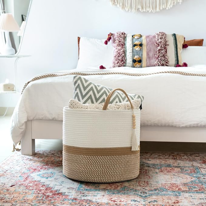 Mkono Woven Storage Basket Decorative Natural Rope Basket Wooden Bead Decoration for Blankets,Toys,Clothes,Shoes,Plant Organizer Bin with Handles Living Room Home Decor, 16"W×13.8"L, White and Brown