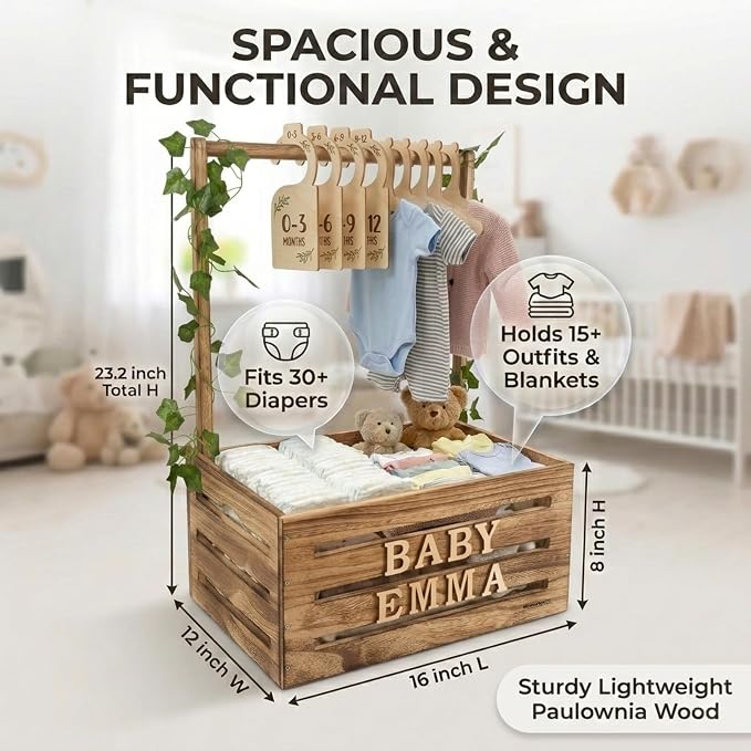 Wooden Baby Shower Crate Closet & Basket with Hanger Rack - Customizable Gift Basket with 2x Alphabet Letter Sets, Hangers, Dividers, Ivy Garland,Nursery Decor Girls Boys(Rustic Burnt Wood)