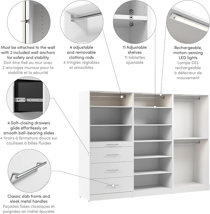Bestar 107W x 25D Modular Closet Organizer System, Walk-in Closet with LED Lights, Rods, Shelves, and Drawers, Slab Style, Florence Collection, White
