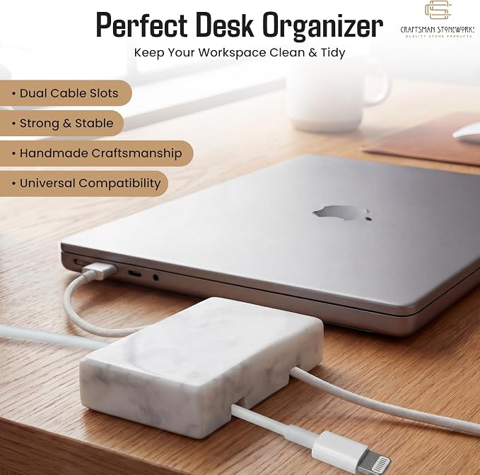 Cord Holder – Polished Marble Cable Tidy, Double | Handmade polished white marble cord holder keeps charging cables tidy on your desk. Weighted, non-slip. Double slot.