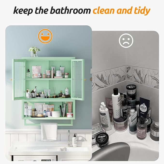 Bathroom Wall Cabinet with 2 Glass Door, Bathroom Medicine Cabinet with Towels Bar and Shelves, Over The Toilet Storage Cabinet, Metal Wall Mounted Cabinet for Laundry Room Kitchen (Green)