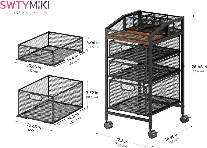 SWTYMIKI Rolling Utility Cart with Drawers - Under Desk Storage Cart with DIY Divider & Lockable Wheels, Multi-Functional Craft Art Supply Organizer for Office, Vanity, Craft Room & Studio Black