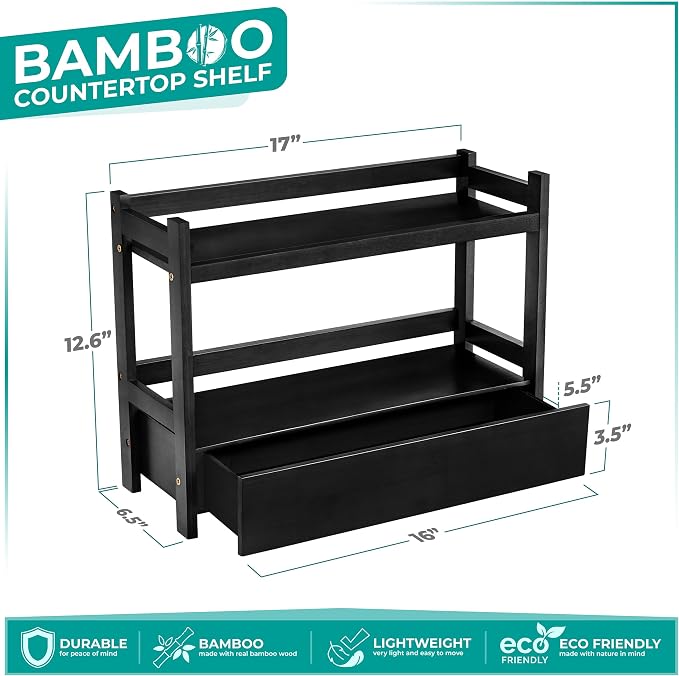 Sorbus Bamboo Bathroom Counter Organizer – 2-Tier Shelf with Hidden Drawer for Vanity, Matcha Station, Bathroom Sink Organizer Countertop, Kitchen & Office Storage (17″ L x 6.5″ W x 12.6″ H) (Black)