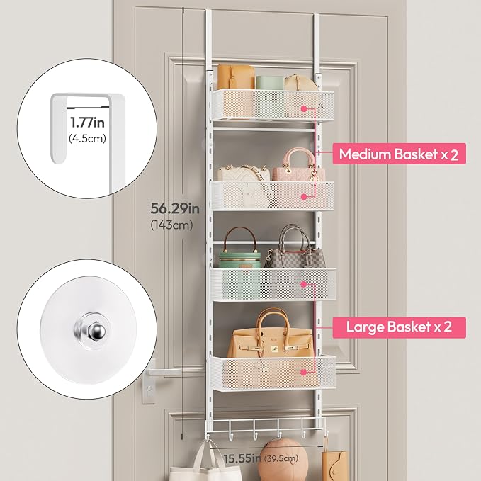 SWTYMIKI Over the Door Purse Organizer - Wall Mounted Purse Rack with 4 Adjustable Metal Basket and 6 Hooks, Hanging Bag Rack for Handbag Organizer, Bag Storage Can Use As 1/2 Part, for Door
