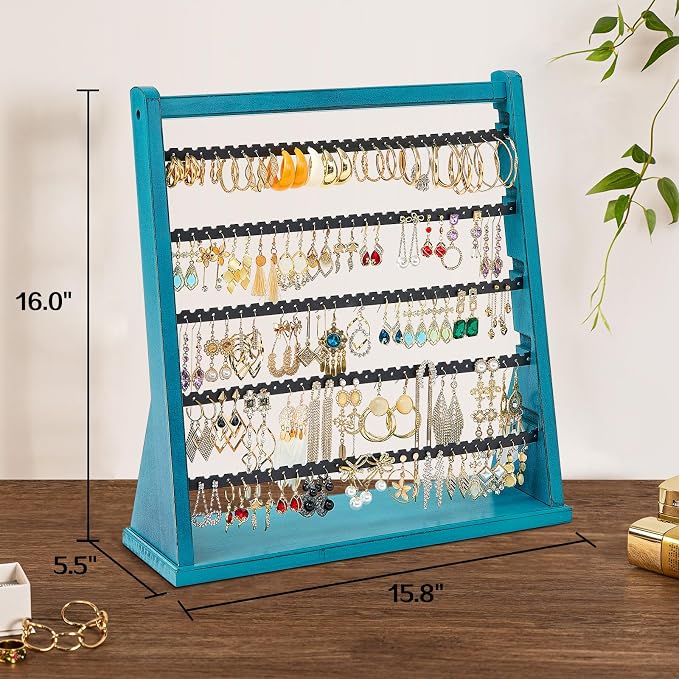 Poyilooo Earring Organizer Stand, Rustic Wood Earring Holder Rack, 5 Layer Jewelry Holder Organizer with 270 Earring Tree Holes Display for Stud Earings & Hoop Earrings, Gifts for Women (Teal)