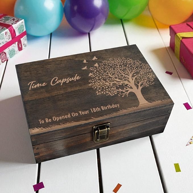 Engraved Time Capsule Memory Box – Wooden Keepsake Box for Graduation, New Year, or Life Events – Medium Size – Dark Walnut – 8.5 x 6 x 3 in